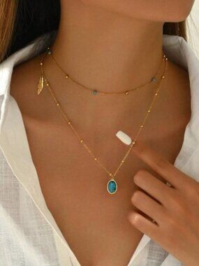 Gold Plated Stainless Steel 1pc Oval Turquiose Beaded Layered Necklace
